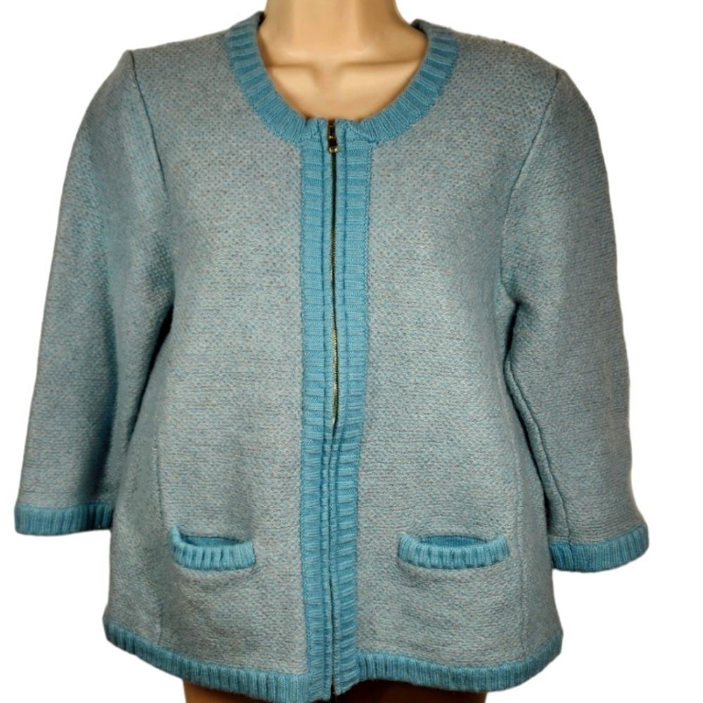 Ann Taylor Cardigan Sweater Merino Wool Modal Blue Gray Turquoise Chanel L